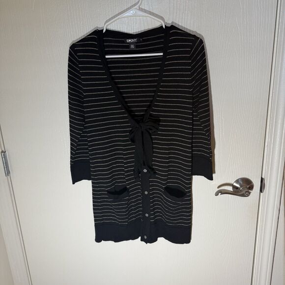 DKNY Women’s Button Up Striped Cardigan Lagenlook Y2K Pockets Merino Wool Small - Picture 3 of 7